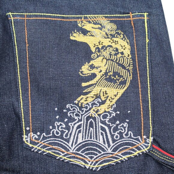 The Year Of Jeans Mens Sz 34 Raw Denim Japan Selvedge Button Fly Embroidered - Picture 7 of 16